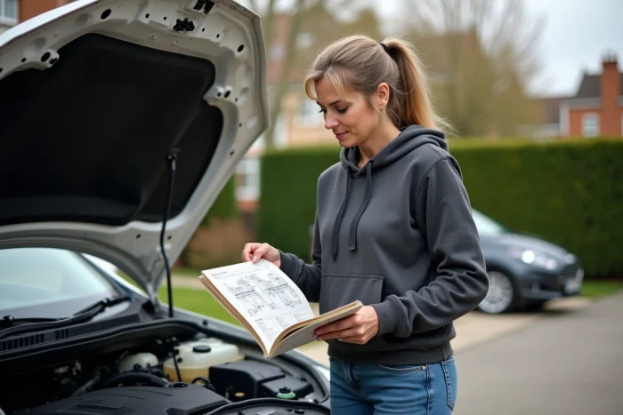 Femme consultant un manuel automobile pour identifier le cylindre 1 sur son moteur dans une allée résidentielle