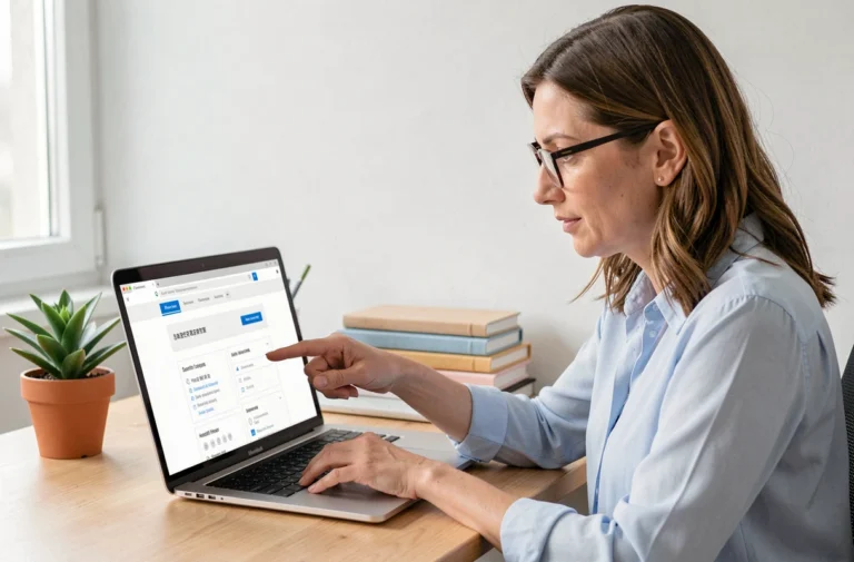 Femme naviguant sur le site d'une mutuelle santé depuis son bureau à domicile