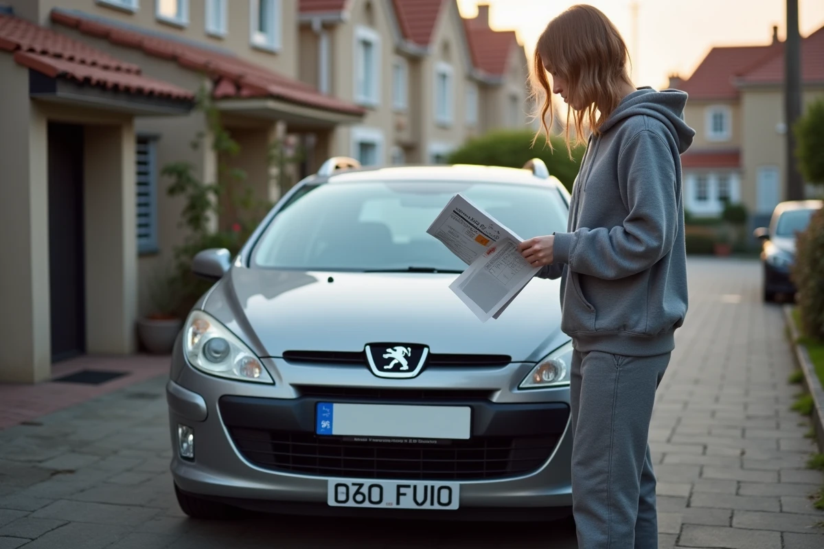 Femme avec manuel de la Peugeot 307 HDi devant la voiture