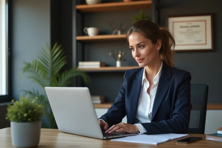 Femme professionnelle en formation en ligne dans un bureau moderne