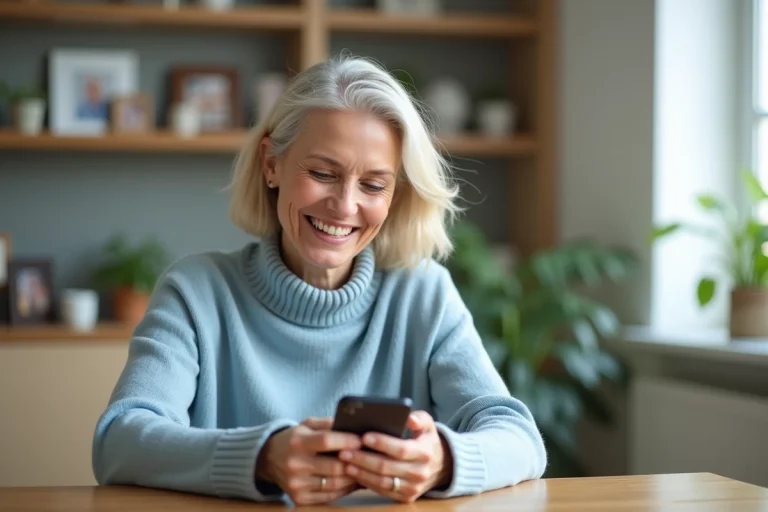 Femme souriante choisissant des photos sur son smartphone