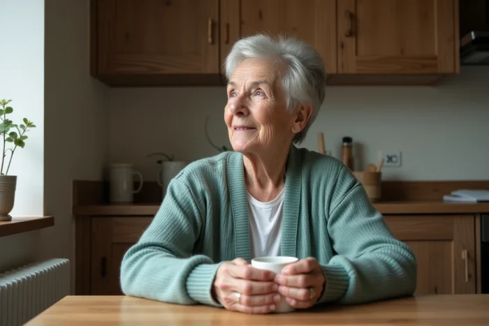 Femme senior aux cheveux argentés tenant une tasse de café dans sa cuisine, illustrant le quotidien paisible des personnes âgées