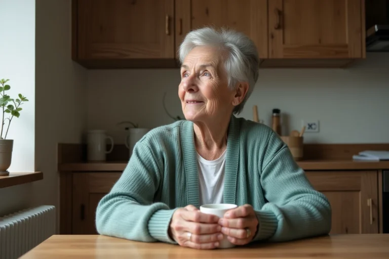 Femme senior aux cheveux argentés tenant une tasse de café dans sa cuisine, illustrant le quotidien paisible des personnes âgées