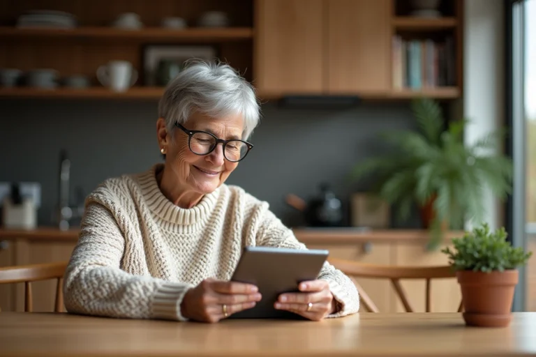 Femme senior souriante lisant une news sur tablette dans la cuisine