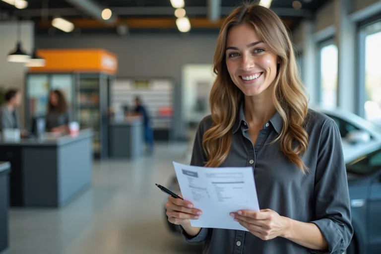 Femme souriante tenant un document d'immatriculation auto