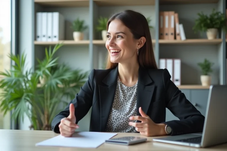 Jeune femme souriante en stratégie dans un bureau moderne