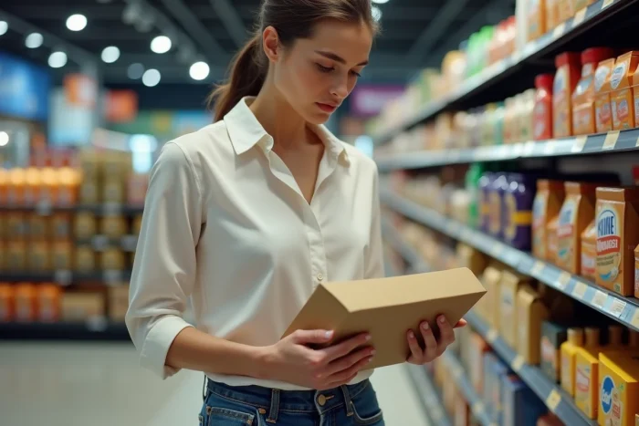 Femme comparant deux produits en supermarche
