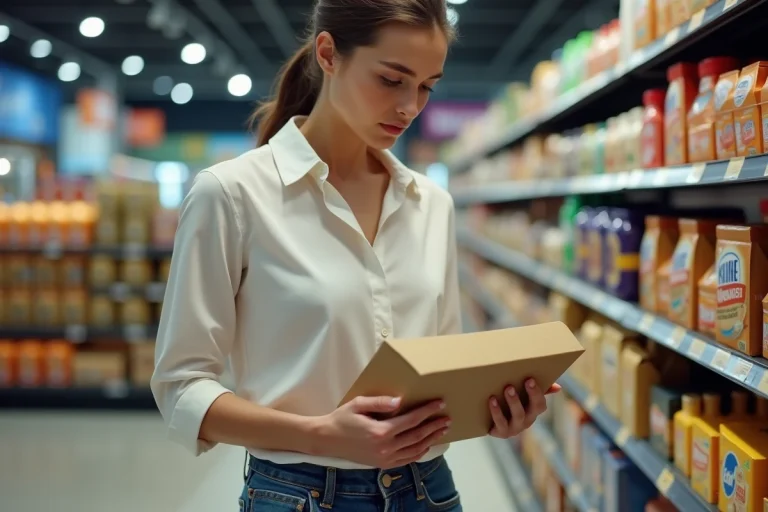 Femme comparant deux produits en supermarche