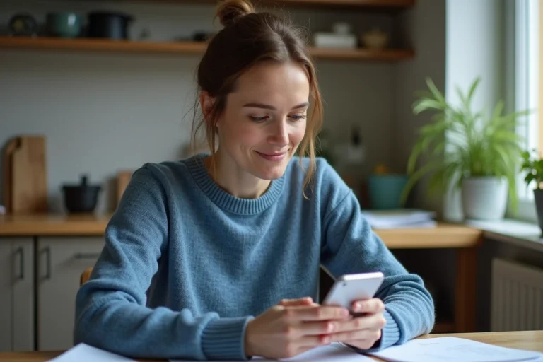 Femme vérifiant son application bancaire sur smartphone