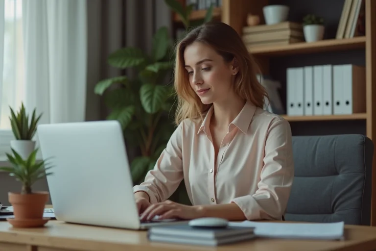 Jeune femme professionnelle travaillant sur un ordinateur dans un bureau à domicile