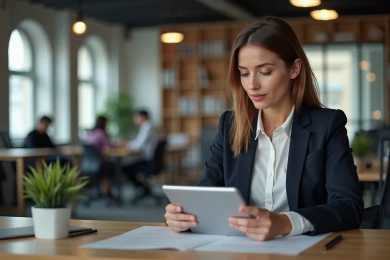 Femme en blazer dans un espace coworking moderne