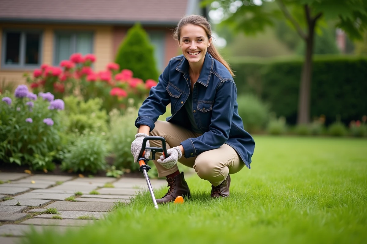 Jeune femme utilisant un trimmer pour border la pelouse