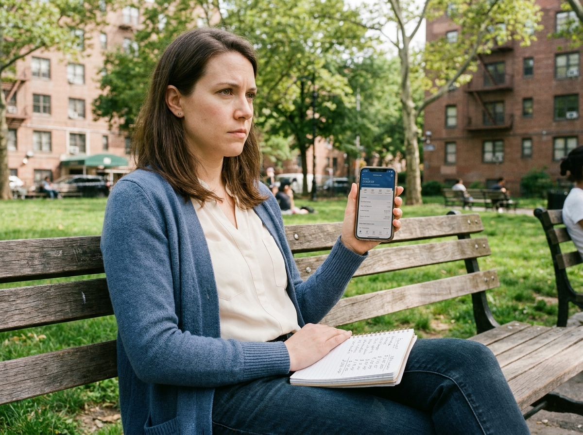 Femme regardant une application bancaire sur son smartphone dans un parc
