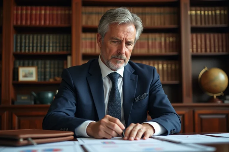 Homme d'affaires en costume marine examinant des documents financiers dans un bureau exécutif classique