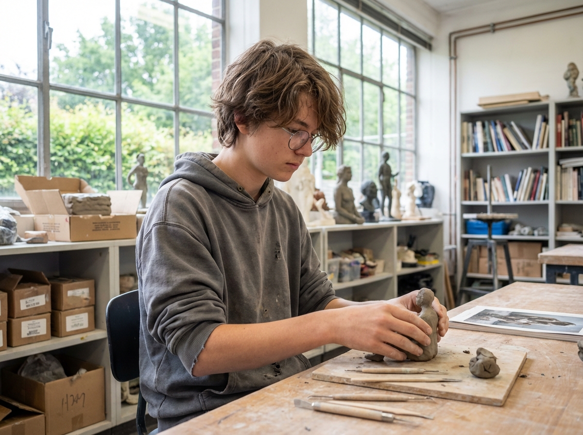 Garçon sculptant une maquette en argile dans un atelier lumineux
