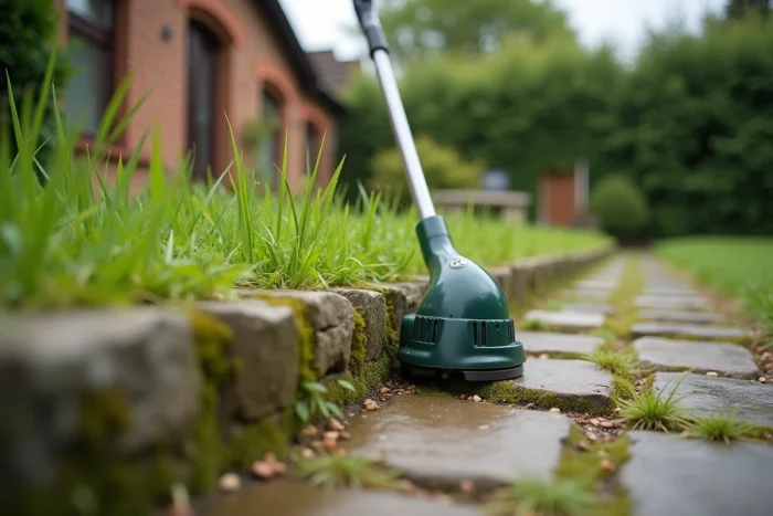 Gros plan sur la tête de coupe d'un taille-bordure thermique en action sur une bordure de jardin en pierre naturelle
