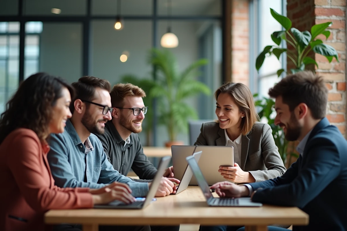 Groupe diversifié en coworking utilisant des appareils pour apprendre