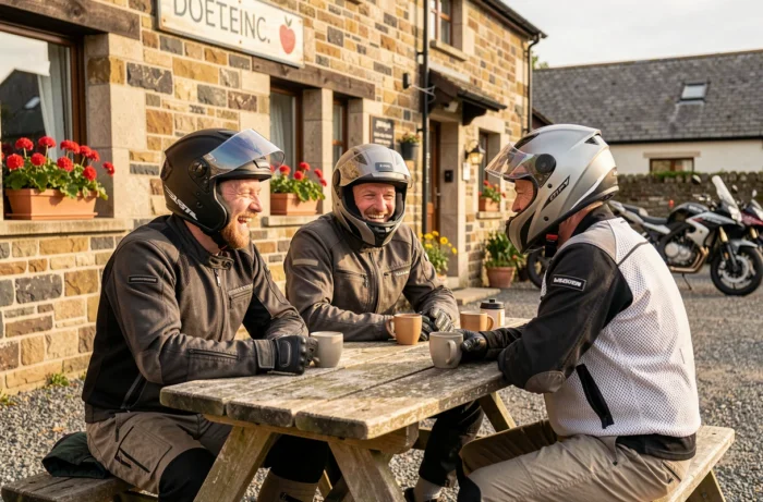 Groupe de motards faisant une pause café devant un café de bord de route pendant un voyage en moto