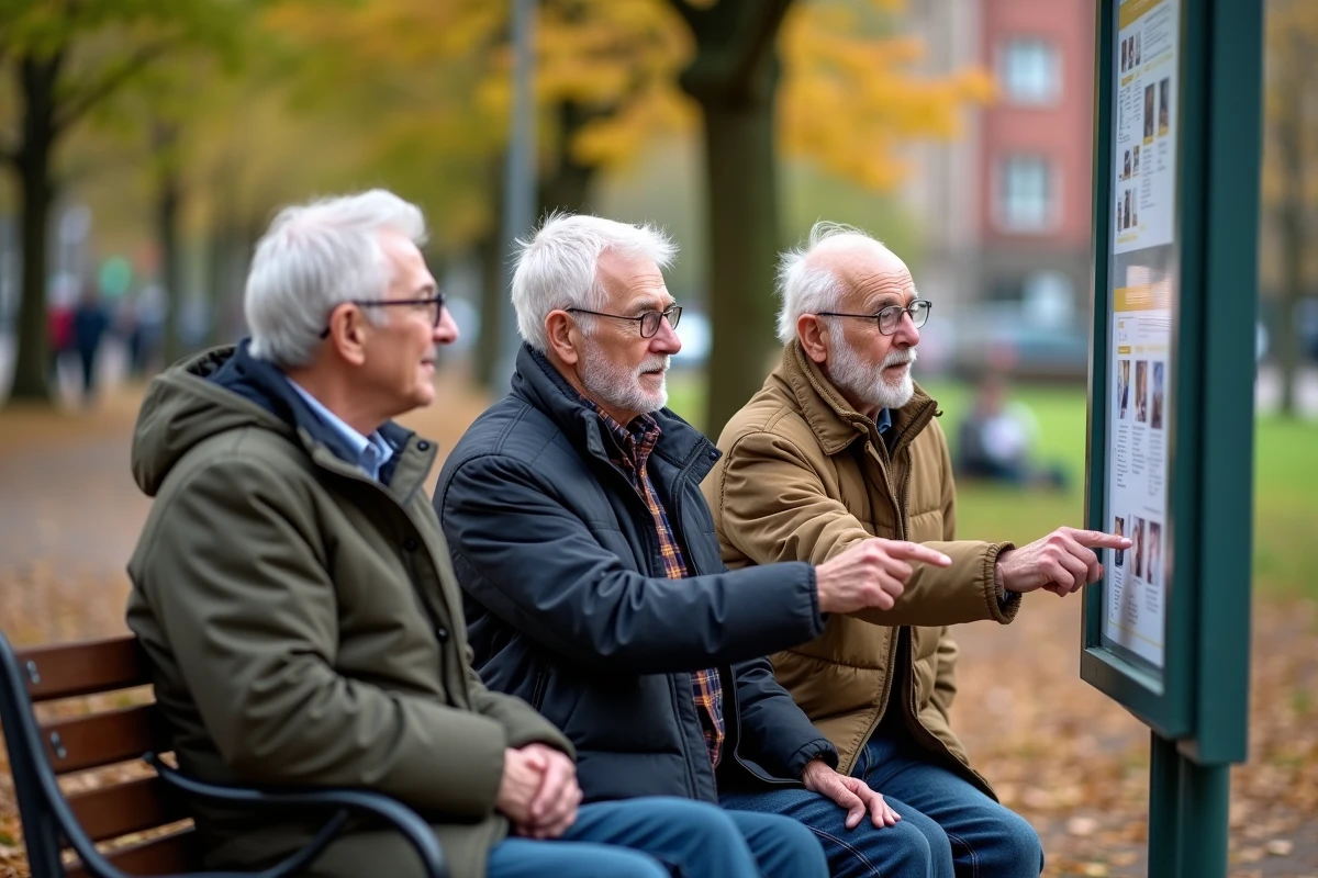 Groupe de seniors discutant sur un banc dans un parc