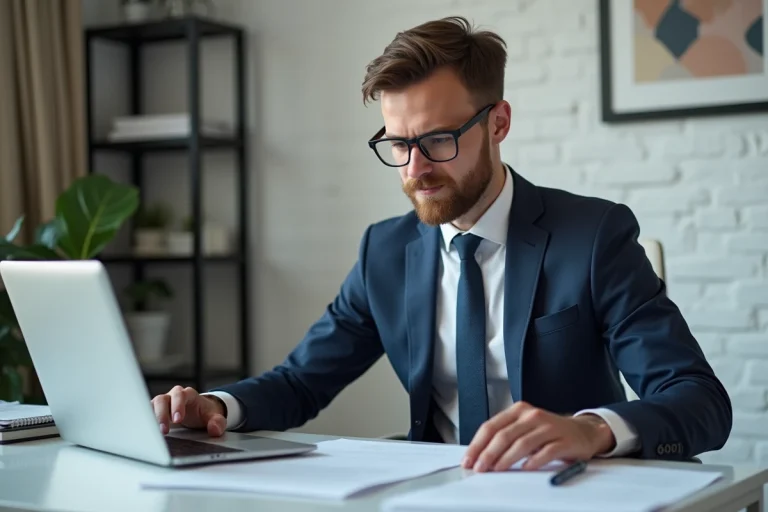 Homme d'affaires en costume regardant un document