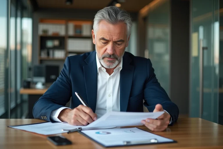Homme d'affaires en costume bleu examine des documents immobiliers