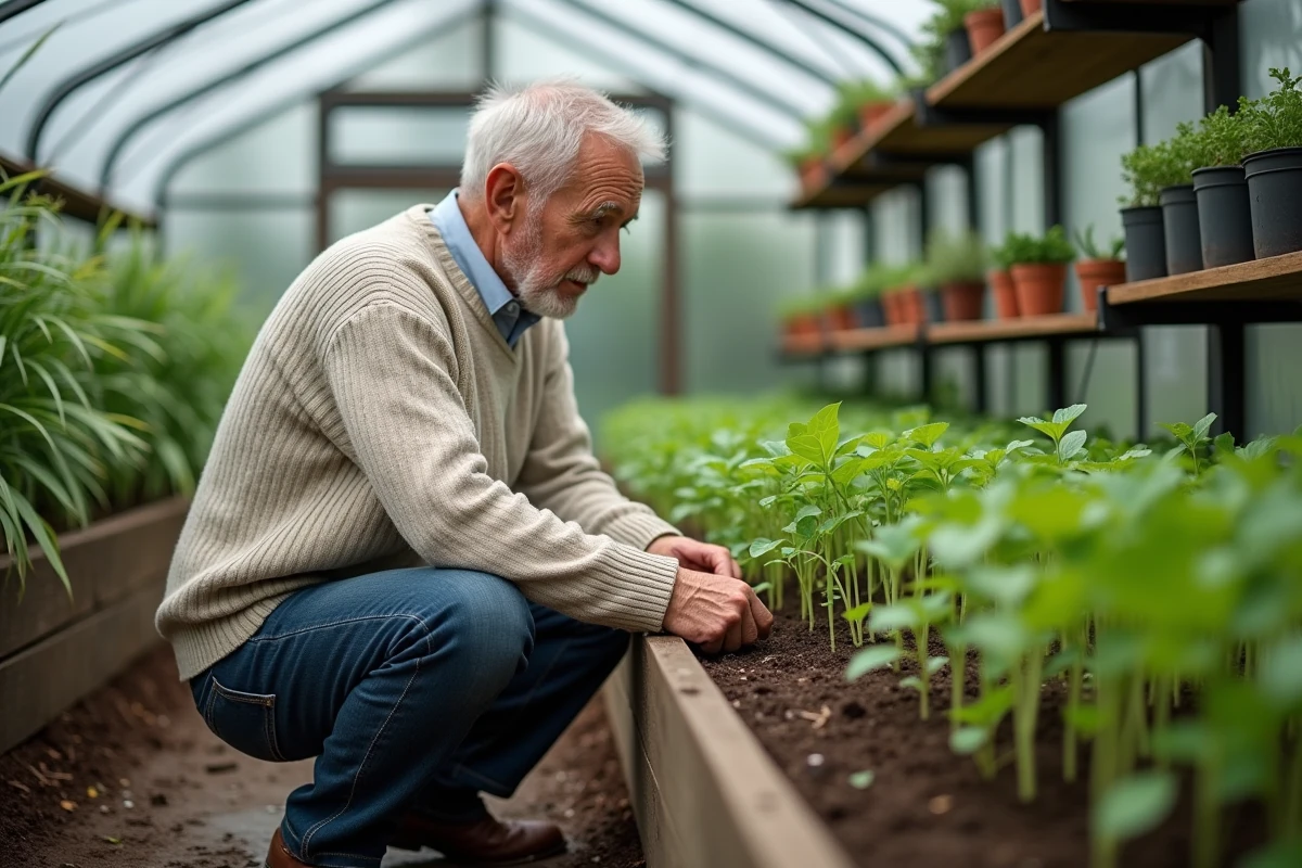 Homme âgé inspectant jeunes plants dans une serre