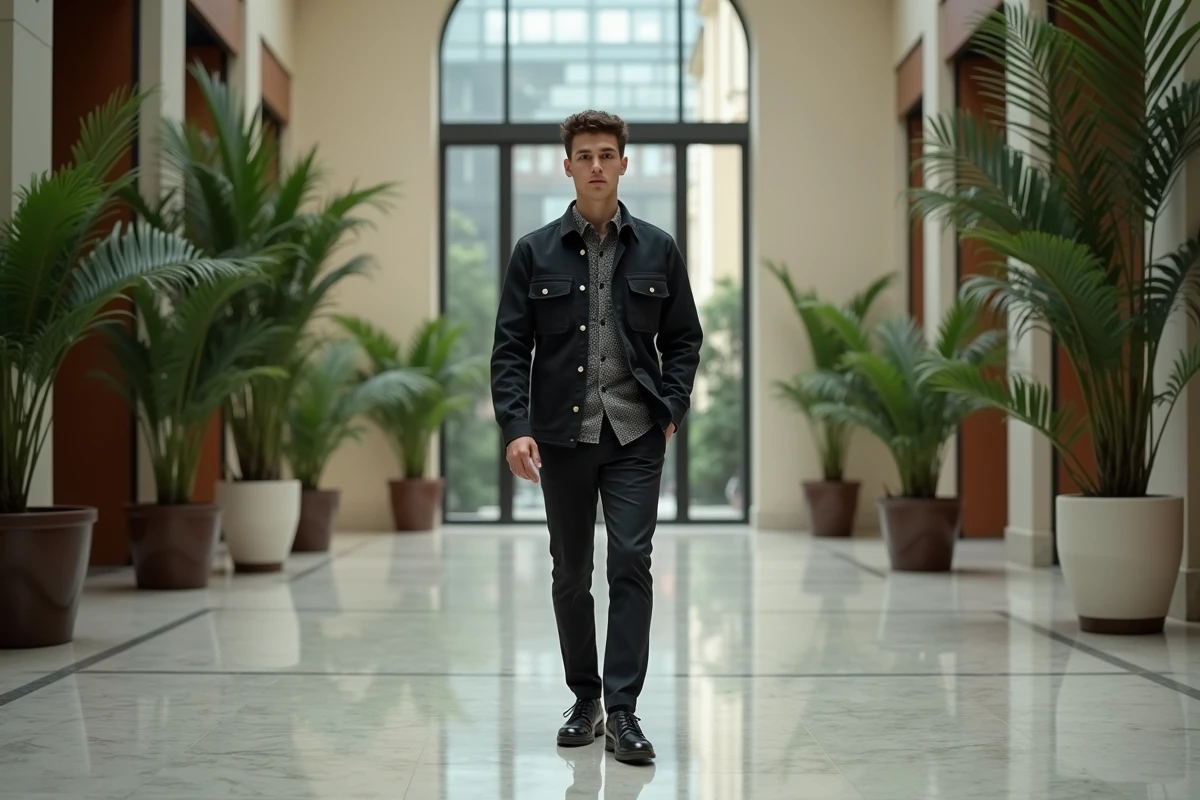 Homme en veste utilitaire dans un atrium moderne
