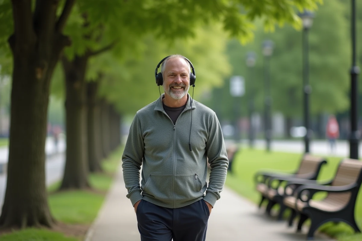Homme en promenade dans un parc urbain en écoutant de la musique