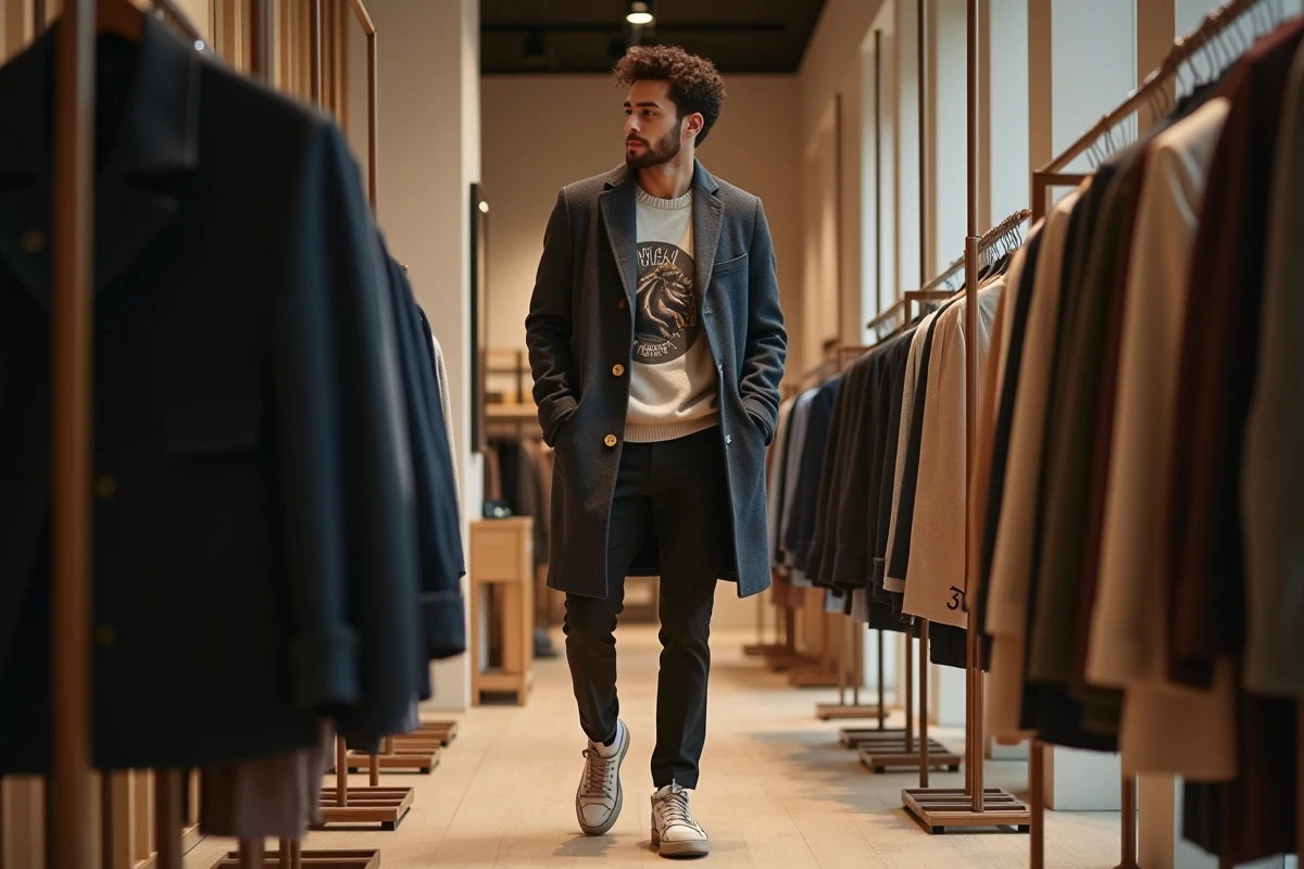 Homme fashion en boutique avec manteau et sneakers