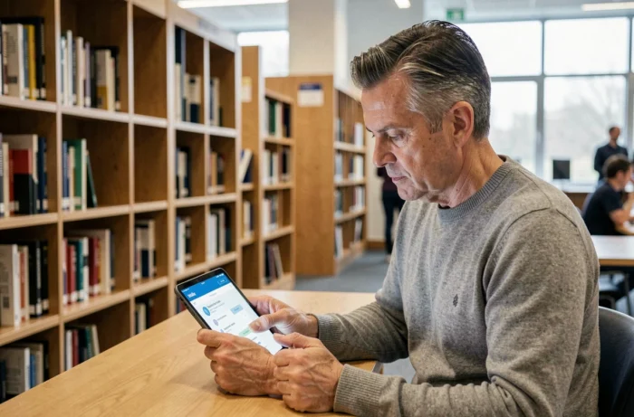 Homme consultant le site d'une mutuelle santé sur une tablette dans une bibliothèque