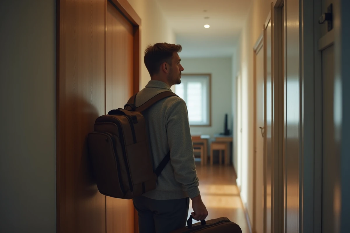Homme avec sac de voyage dans un couloir d