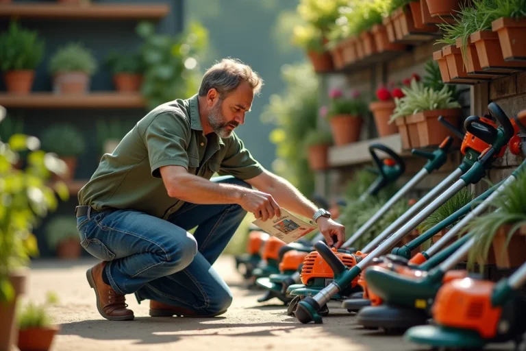 Homme d'âge moyen inspectant un coupebordures dans un marché jardin