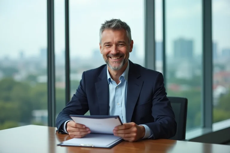 Homme d'affaires confiant avec documents immobiliers