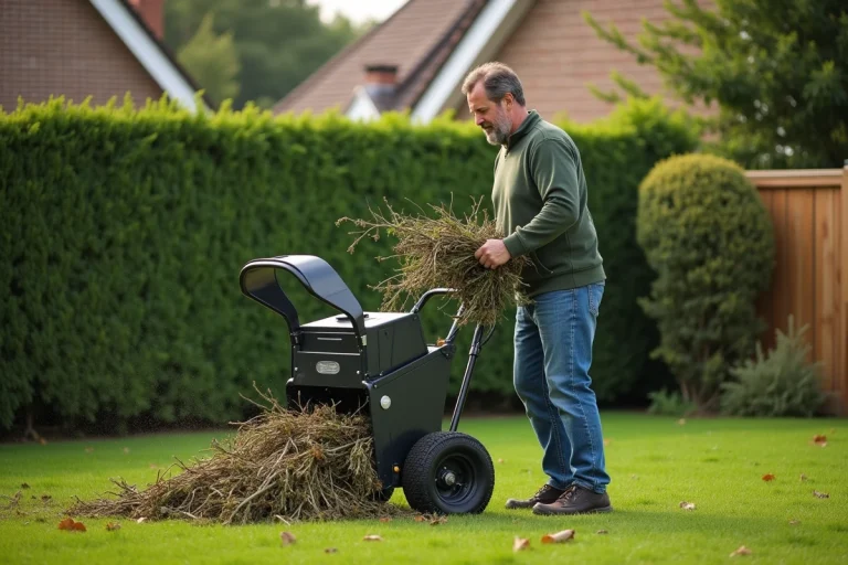 Homme d'âge moyen utilisant un broyeur de branches dans le jardin