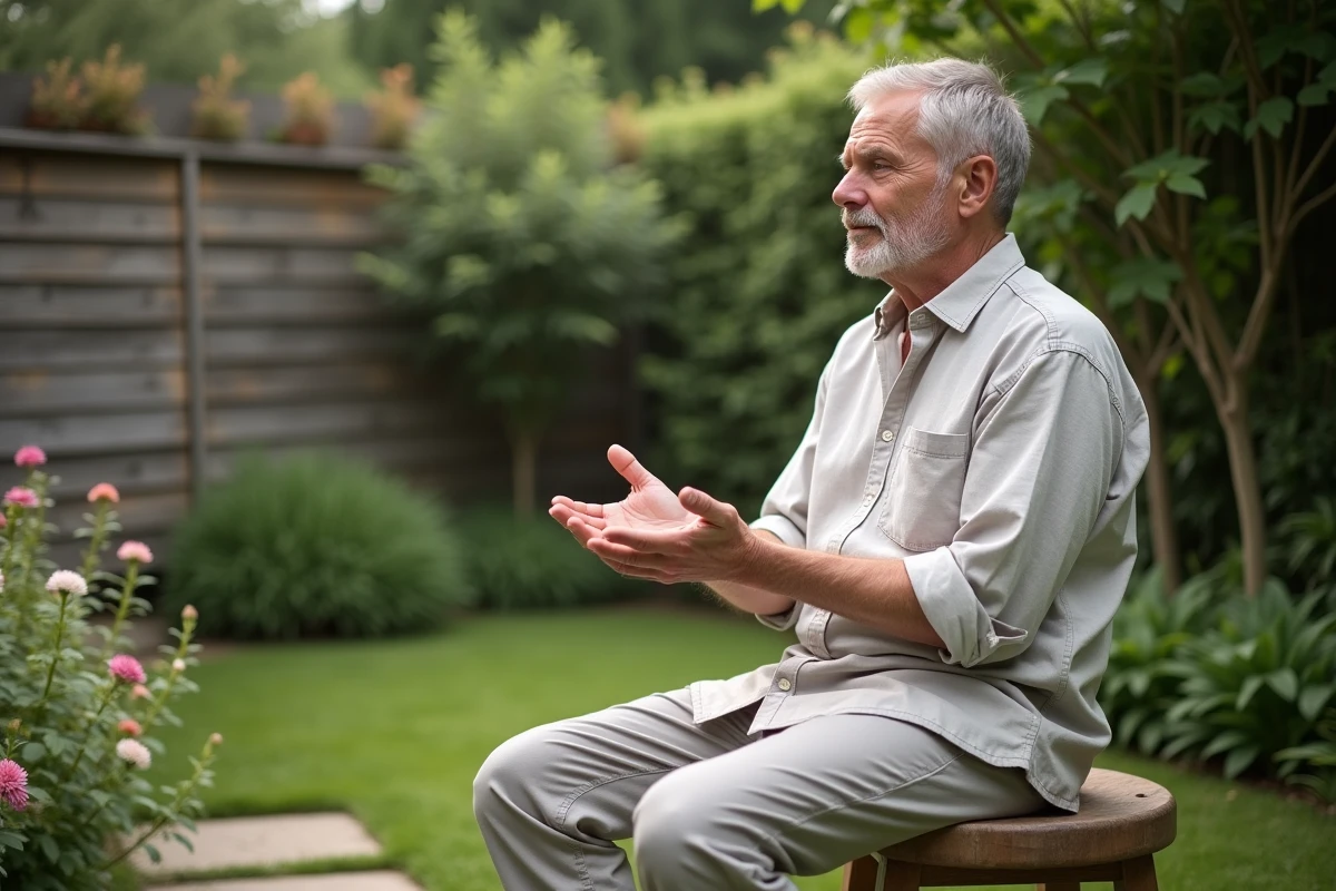 Homme se massant les mains dans un jardin paisible