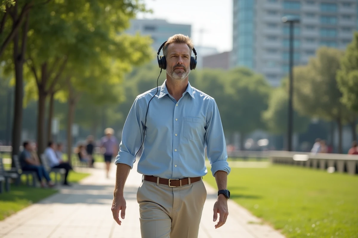 Homme marche dans un parc urbain en écoutant un podcast