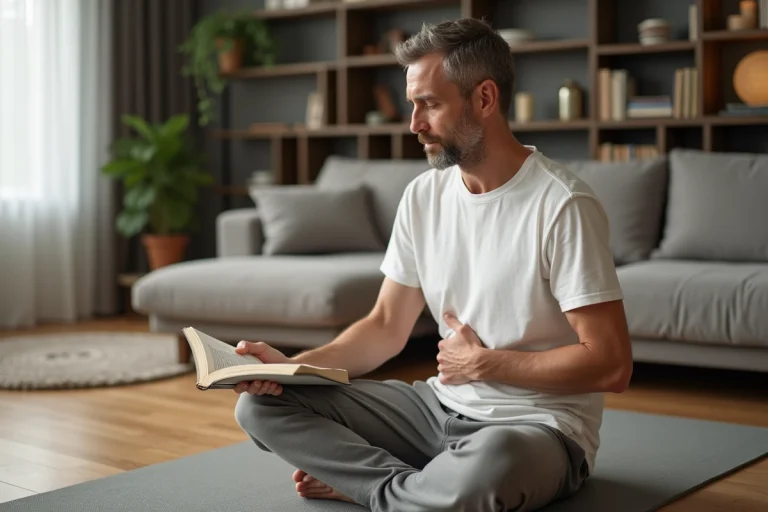 Homme méditant en yoga dans un salon moderne