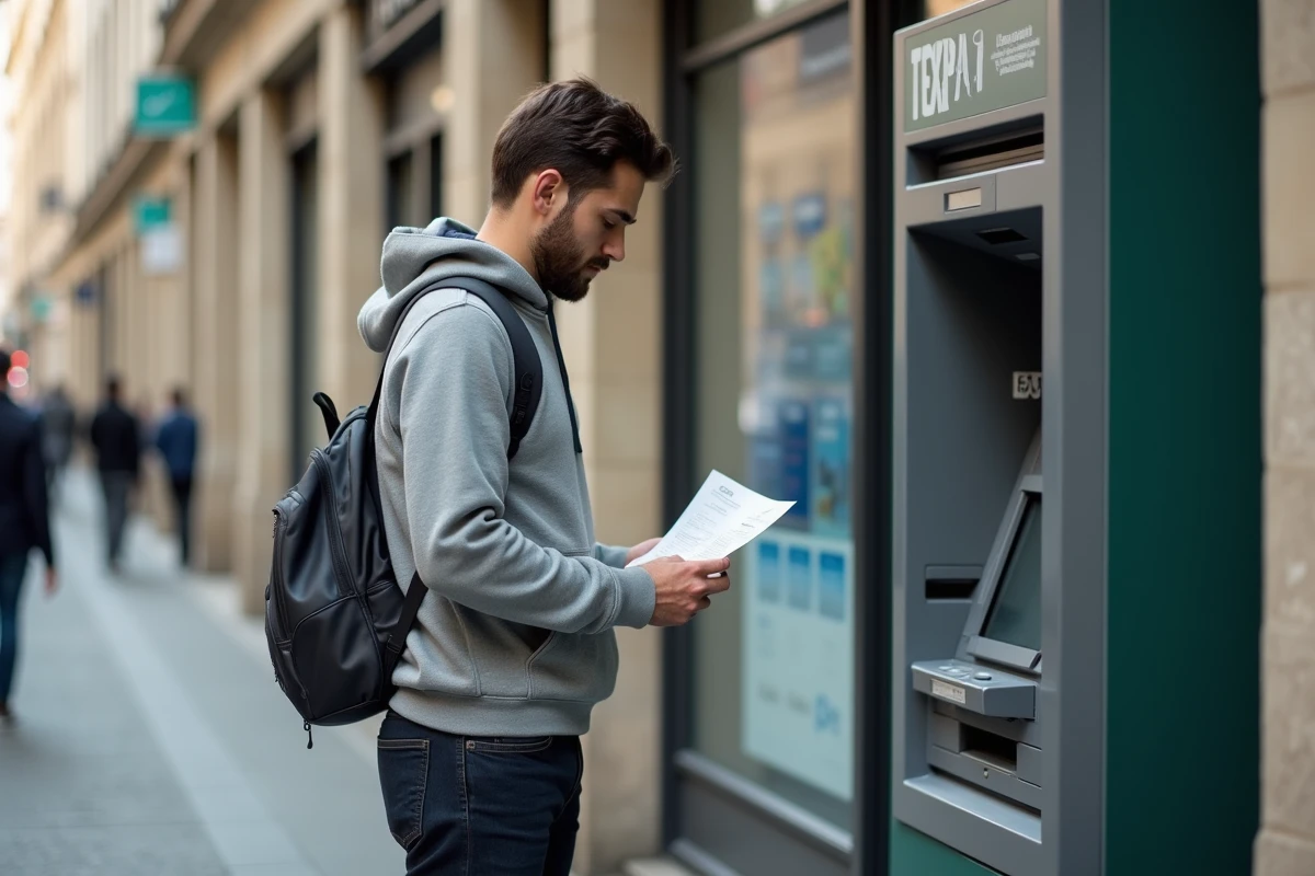 Homme regardant son reçu bancaire devant un distributeur
