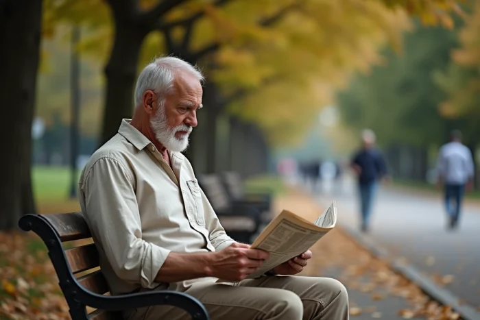 Homme senior lisant un journal sur un banc de parc en automne, représentant la vie sociale et quotidienne des retraités