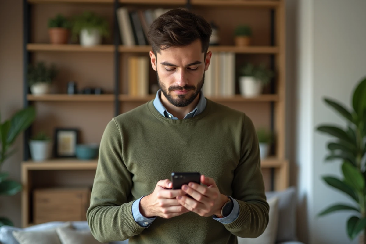 Jeune homme utilisant son smartphone dans un salon
