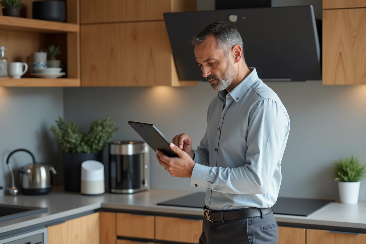 Homme consultat tablette dans cuisine moderne