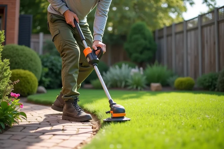 Homme utilisant un taille-bordure électrique sans fil pour délimiter une bordure de gazon dans un jardin soigné