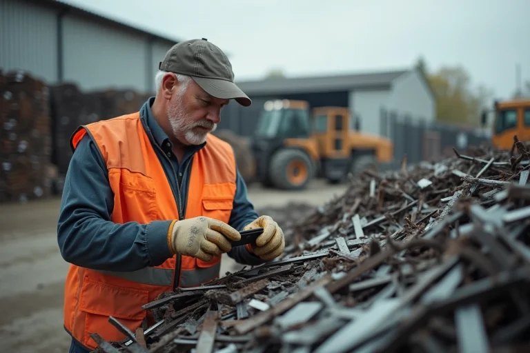 Homme d'âge moyen en tenue de sécurité inspectant des métaux recyclés