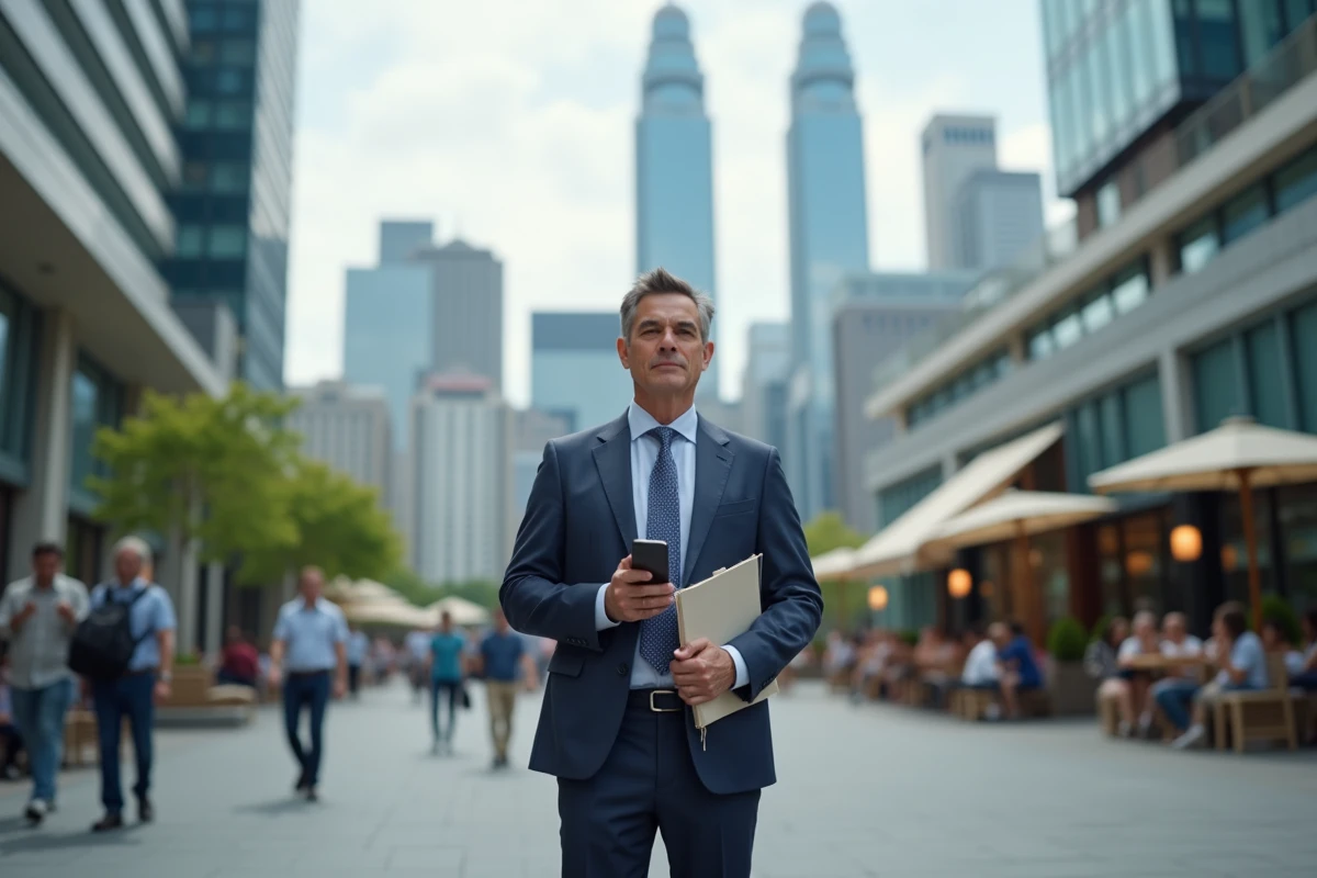 Homme d affaires regardant la ville avec smartphone