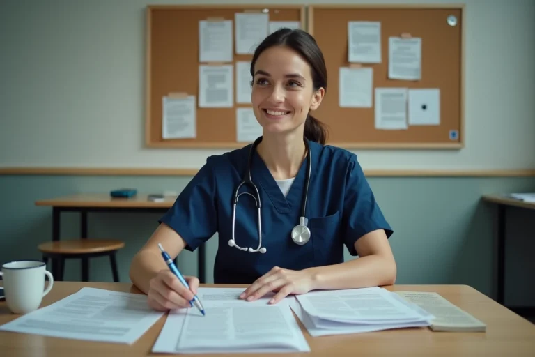 Infirmière hospitalière consultant des ressources professionnelles et des guides de pratique dans une salle de repos d'hôpital