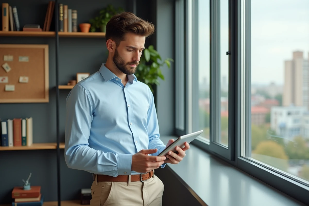 Jeune entrepreneur analysant ses données dans un bureau cosy