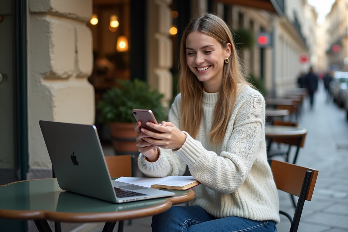 Jeune femme souriante utilisant son smartphone en extérieur