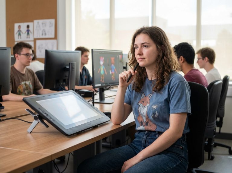 Jeune femme en train de dessiner sur tablette numérique en classe