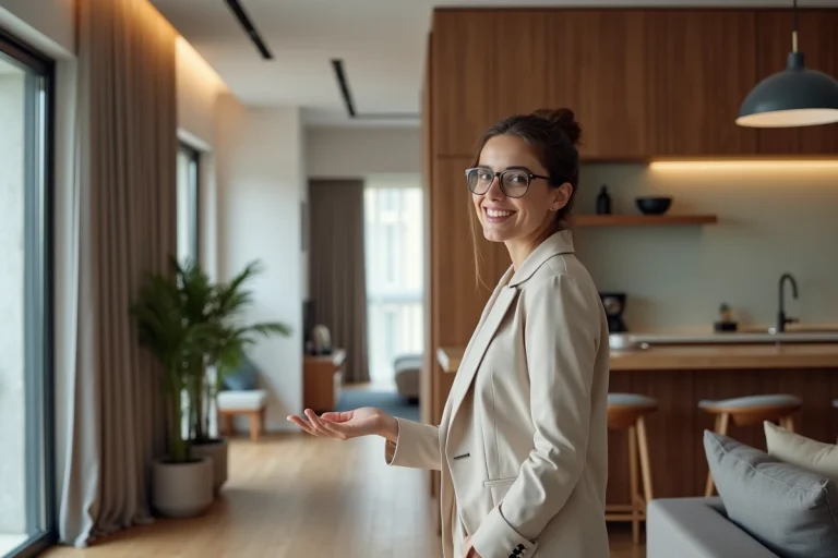 Jeune femme souriante à l'entrée d'un appartement T3 moderne