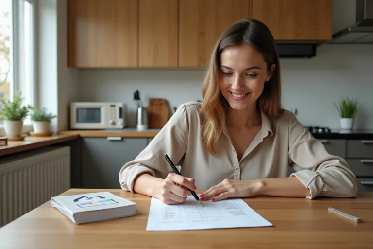Jeune femme souriante remplit un formulaire de loterie dans sa cuisine